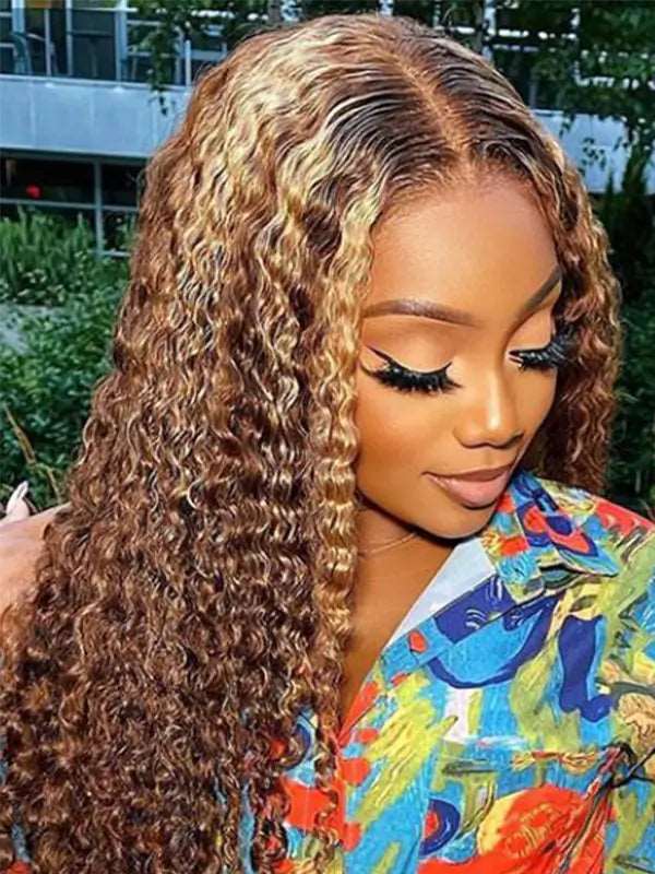 4x4 13x4 Balayage Highlight Honey Blonde Jerry Curly Human Hair Wig