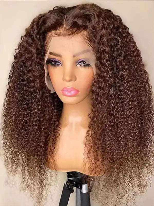 #4 Chocolate Brown Colored 4x4 13x4 Lace Frontal Curly Virgin Human Wig