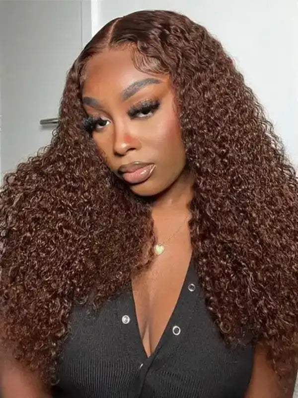 #4 Chocolate Brown Colored 4x4 13x4 Lace Frontal Curly Virgin Human Wig