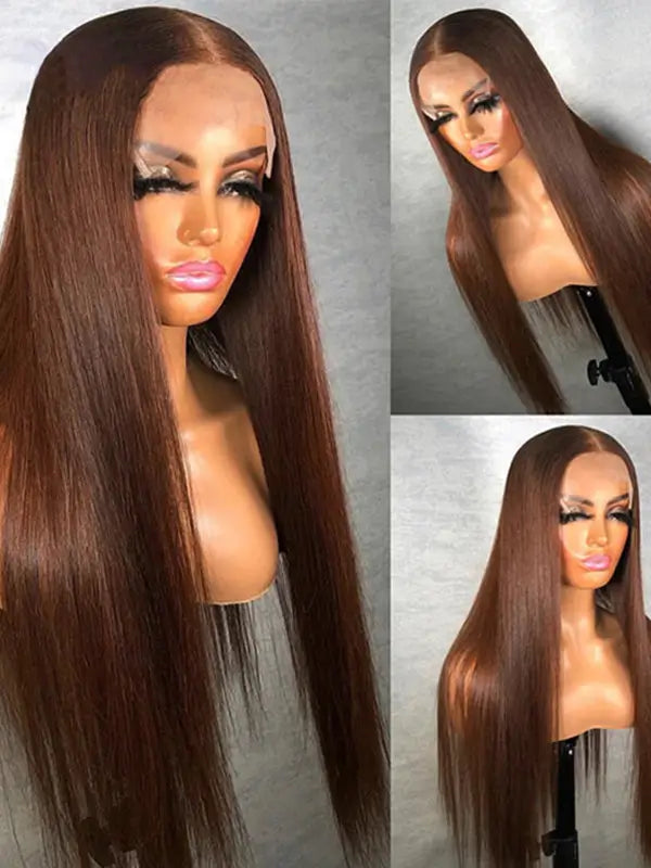 #4 Chocolate Brown Colored 4x4 13x4 Lace Frontal Straight Virgin Human Wig