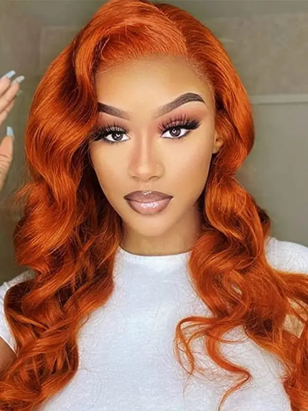 #350 Ginger Orange Colored Body Wave Wig 4x4 13x4 Virgin Human Hair Wig