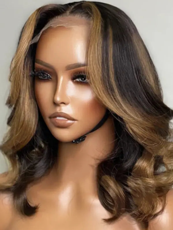 Breathable Cap Highlight Blonde Mix Black Loose Wave 5x5 Closure Lace Wig Human Hair