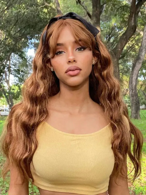 4/27 Highlight Honey Blonde Body Wave Wig With Bangs Human Hair With Fringe