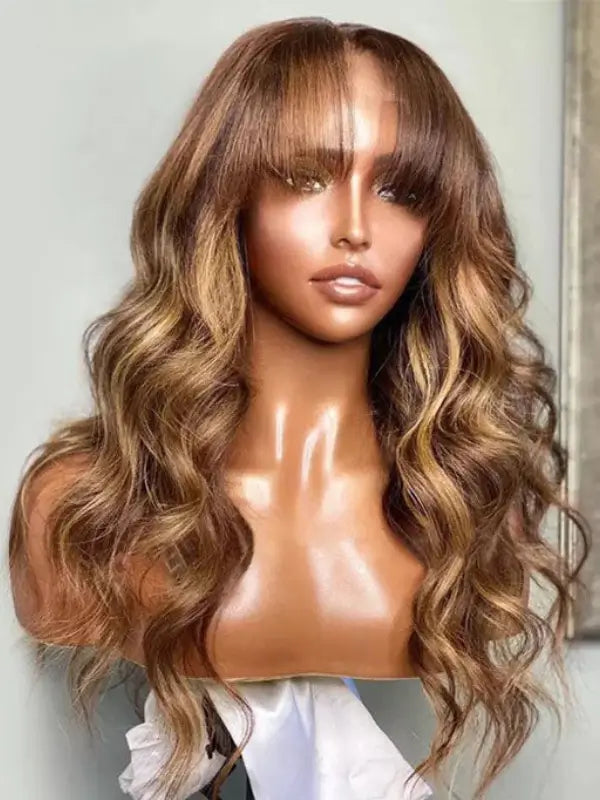 4/27 Highlight Honey Blonde Body Wave Wig With Bangs Human Hair With Fringe