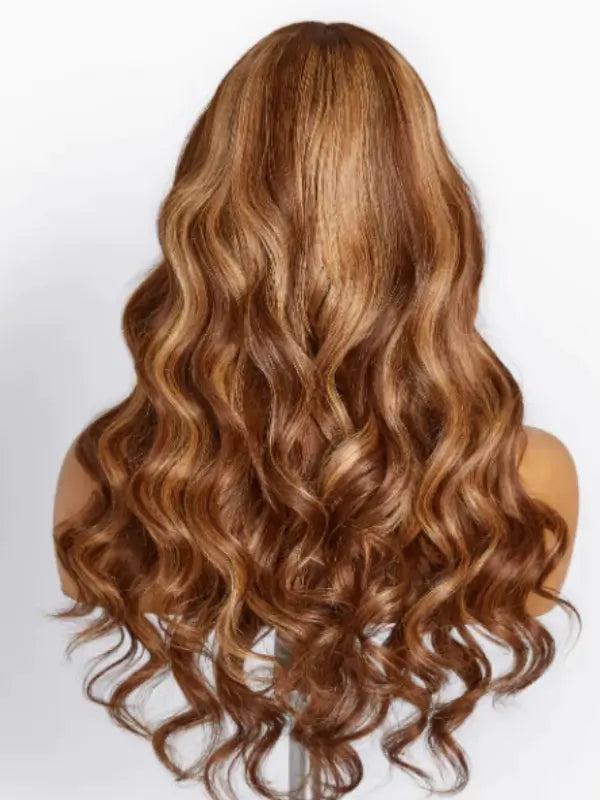 4/27 Highlight Honey Blonde Body Wave Wig With Bangs Human Hair With Fringe