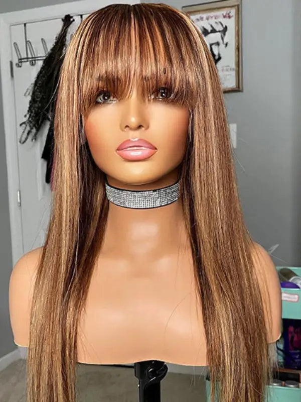 4/27 Highlight Honey Blonde Straight Wig With Bangs Human Hair With Fringe