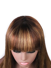 4/27 Highlight Honey Blonde Straight Wig With Bangs Human Hair With Fringe