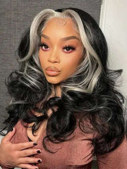 Skunk Stripe Highlight Blonde Color 13x4 Lace Frontal Body Wave Human Hair Wig